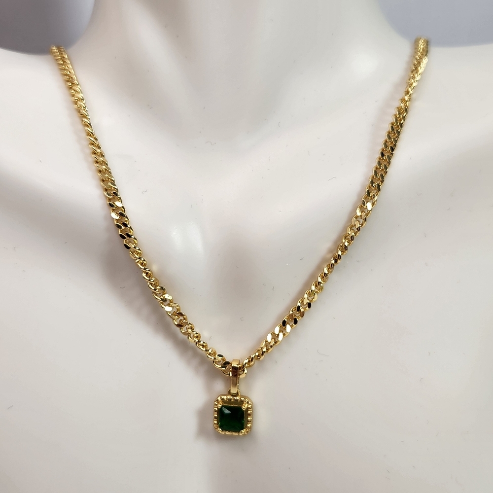 Dalmata Gold s925 Necklace Green Emerald Colored glass Square Stone Elegant